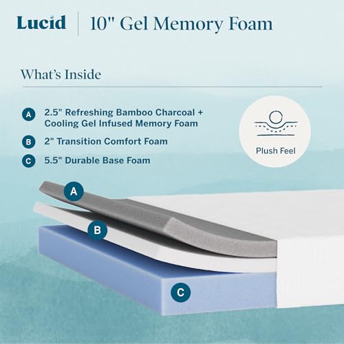 Image of Lucid 10 inch Plush Gel Memory Foam Mattress - Bamboo Charcoal & Cooling Gel - Fiberglass Free - Bed in a Box - CertiPUR-US Certified - California King Size