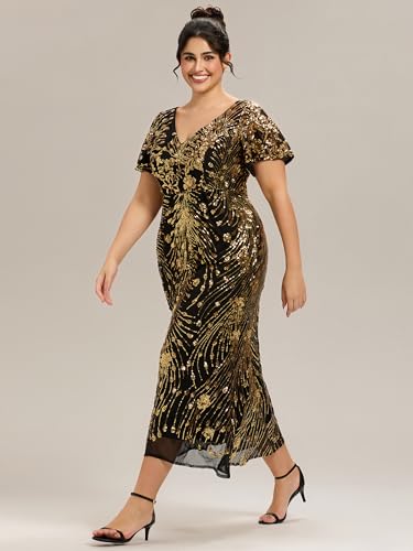Image of Ever-Pretty Plus Women's Sequin V Neck Plus Size Prom Dress Mermaid Formal Cocktail Evening Dresses for Curvy Women