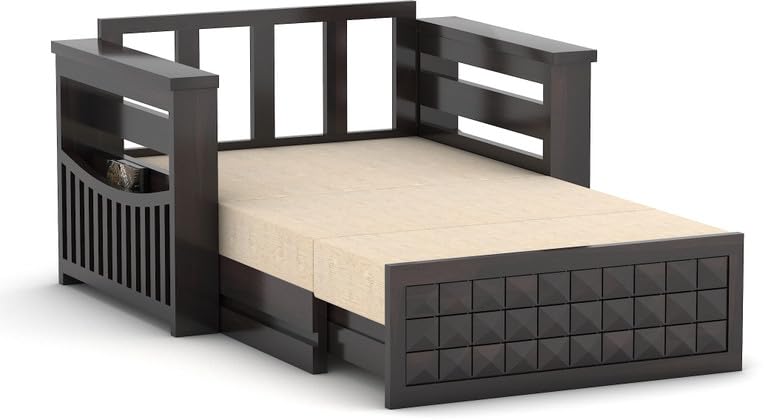 Image of Solid Sheesham Wood Sofa Cum Bed 2 Seater | Wooden Foldable Double Bed for Living Room with Headboard & Storage | Bed Cum Sofa with Mattress for Home | Diamond Design (Walnut Finish)