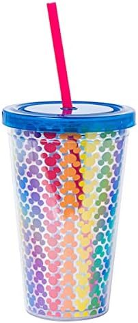 Silver Buffalo Disney Pride Rainbow Pattern Plastic Cold Cup w/Lid and Straw, 16-Ounce