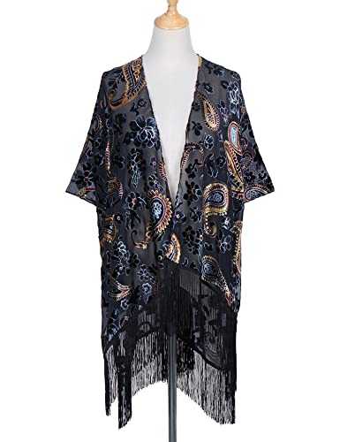 Image of MJ SERECA Women's Burnout Velvet Kimono Cardigan Cover Up with Tassel