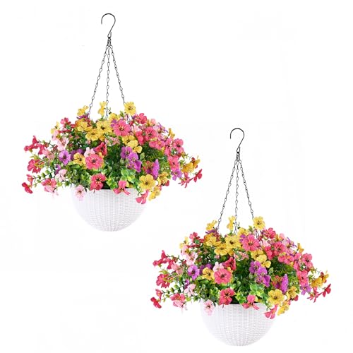 FAJUNZH 2 Set Artificial Fake Flowers with Basket Faux Plants for Decoration, Hanging Planters...