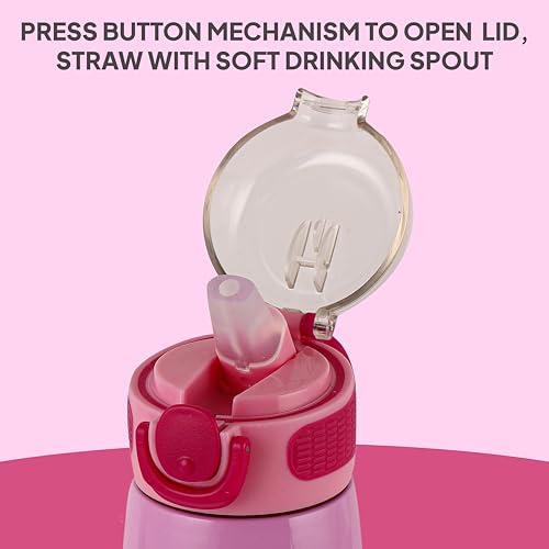 Image of Cello Kidzbee Flare 450 Insulated Stainless Steel Sipper Water Bottle 444 ml, Light Pink | Mickey Minnie Cartoon Design Hot & Cold Bottle | Vacuum Insulated Leakproof Easy to Carry Bottle for Kids