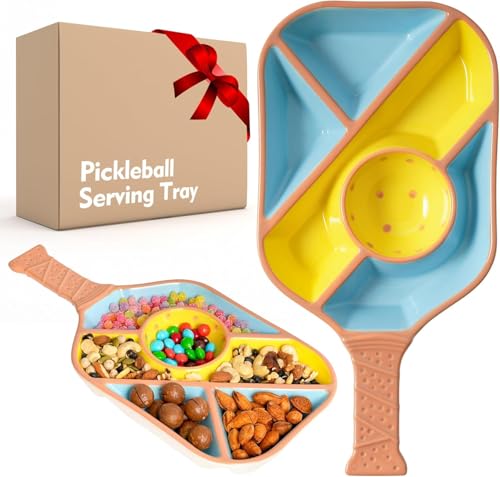Pickleball - Bandeja para servir aperitivos, cerámica, forma de raqueta, con 5 compartimentos y cuenco para salsas, regalo divertido para fans de pickleball, fiestas, día del padre y accesorios de