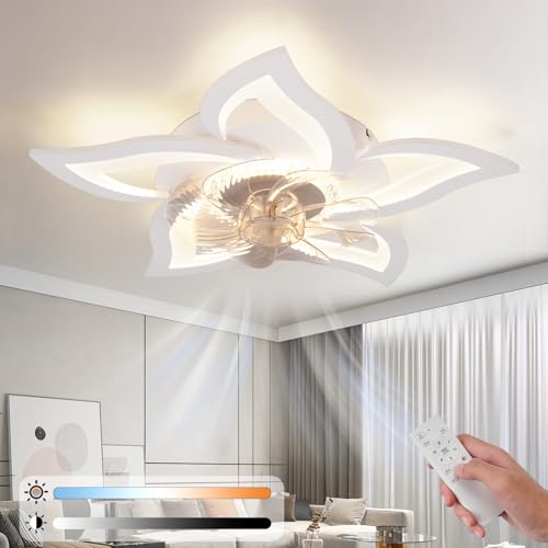 Homefire LED Ventilador de Techo con Iluminación -Luz de Techo con Ventilador Silencioso 48W Mando a Distancia Regulable 3 Temperaturas de Color Temporizador de 6 Velocidades Blanca para Habitación