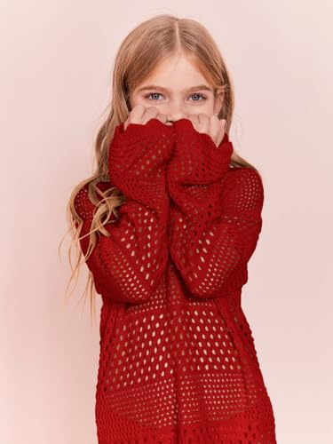 Image of Batermoon Girls Crochet Long Sleeve Swimsuit Cover Up Kids Fashion Hollow Out Swimwear Beach Dress 5-14 Years