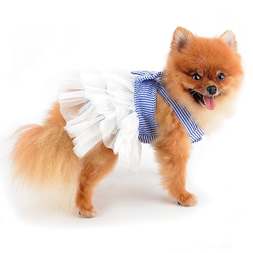 PAIDEFUL Small Dog Dress Striped Denim Organza Bow Beads Tutu Skirt Summer Soft Comfortable Breathable Puppy Clothes Sleeveless Button Kitten Apparel - Image 3