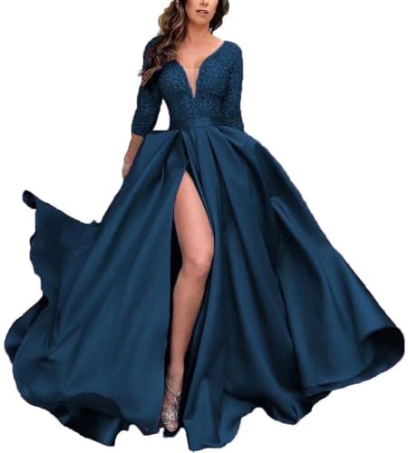 Tiffany Blue Bridesmaid Dresses Prom Dresses With Slit Pocket V Neck Lace  Long Ball Gown 3/