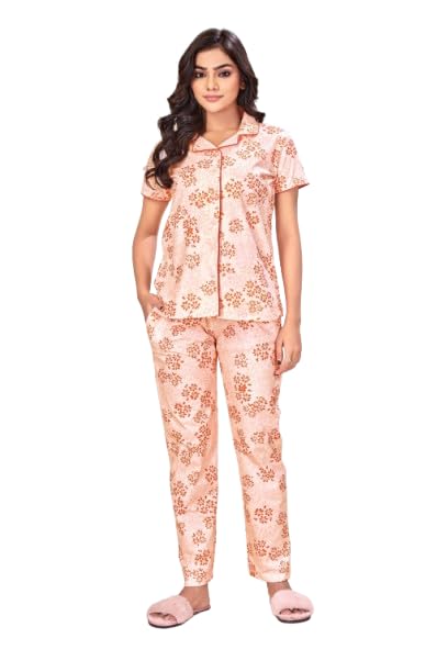 Women's Peach Rust Floral Printed Night Suit | Half Sleeve Shirt with Full Length Pajama | Floral Sleepwear Lounge Wear Home Wear Co-Ord Set for Women-picture-42