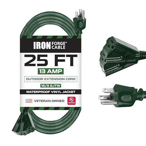 IRON FORGE CABLE 25 Foot Outdoor Extension Cord with 3 Electrical Power Outlets - 16/3 SJTW Durable...