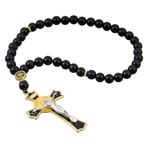 Outus Car Rosary Rearview Vehicle Mirror, Beads Catholic for Women, Black Rosary for Men, Cross for Car Mirror Hanging, Medal Cross Saint for Auto Decors Christian Gift