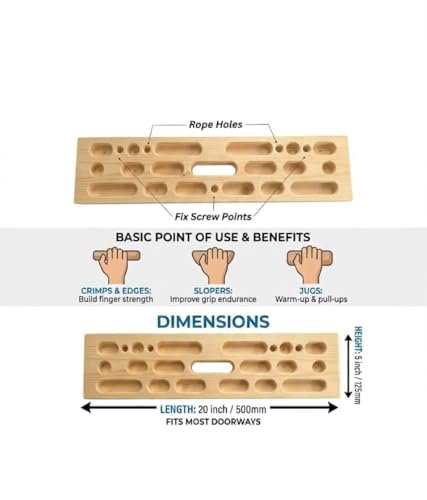 Image of Wooden Rock Climbing Hangboard - Fingerboard for Grip Strength Training - Multi-Grip Bouldering Board for Home Gym & Doorway - Features Jugs, Slopers, Pockets & Edges