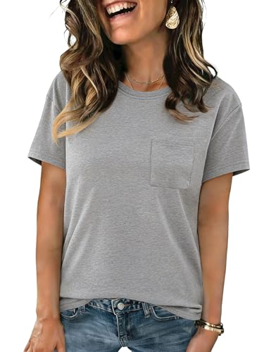 Crewhpo Camisetas Verano Mujer Cuello Redondo Manga Corta T Shirt Básica Túnica Blusas Top con Bolsillo Color Liso T Shirt Casual y Elegantes