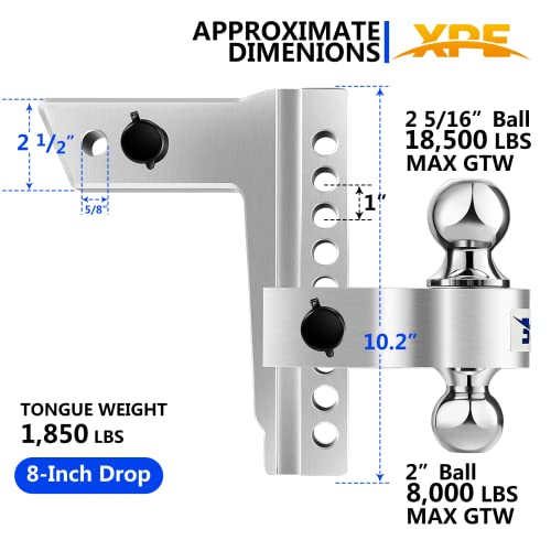 Xpe Adjustable Trailer Hitch Fits 2.5'' Receiver, 8'' Drop/Rise Drop, Chrome Plated Steel Tow Balls (2''X2-5/16''), Heavy Duty Ball Mount - 18,500 Gtw With Trailer Locks, Silver X-312508 #TOP2