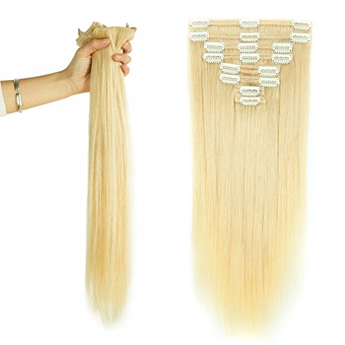 Double Weft 100% Remy Human Hair Clip in Extensions #60 Platinum Blonde 14''-22'' Grade 7A Quality Full Head Thick Long Soft Silky Straight 8pcs 18clips for Women Beauty 14" / 14 inch 120g