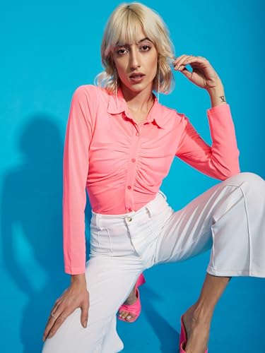 Image of SASSAFRAS Pink Tulle Front Ruched Sheer Shirt