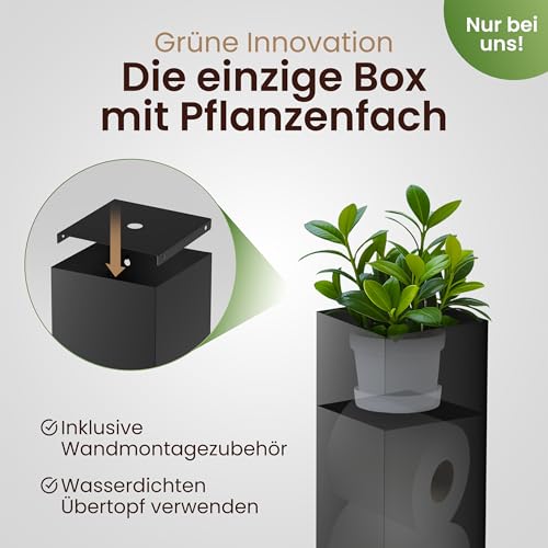LAVIOX Toilettenpapierspender mit Pflanzenfach – schwarz matt, pulverbeschichtetes Metall – zur Aufbewahrung von 3 großen Klorollen, 15 x 15 x 50 cm (LxBxH)