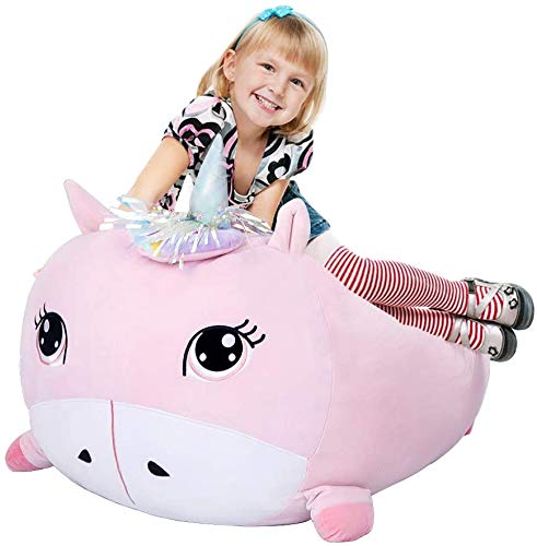 Recopilación y reviews de Sillón habitación bebe Top diez. 33 Puf de unicornio para niñas, color rosa, organizador de almacenamiento de animales de peluche para decoración de habitación de niños, tamaño extragrande, funda de terciopelo...