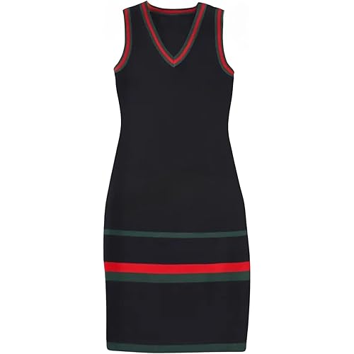 Fashion Korean Women Sleeveless Dress Sexy Vestidos New Clothes V Neck Black Stripe Knitted Tank Dresses Casual All Match