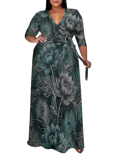 Image of SUZONANA Plus Size Maxi Dresses for Curcy Women Casual Loose 3 /4 Sleeve Long Dress with Belt