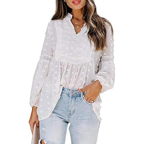 Dearlove Women V Neck Chiffon Blouses Casual Loose Long Balloon Sleeve Solid Color Shirts Tops Plus Size White Cover