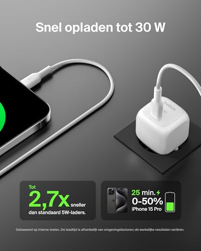 Belkin BoostCharge compacte 30 W wandlader, reisvriendelijk, USB-C Power Delivery, usb-c charger, oplader voor Apple iPhone Serie 15, 14, 13, Samsung Galaxy S24, S23, iPad, AirPods, tablet etc. - Wit - Afbeelding 3