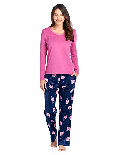 Ashford & Brooks Women s Long Sleeve Cotton Top Fleece Pants Pajama Set - Navy Pink Flamingo - 3X-Large