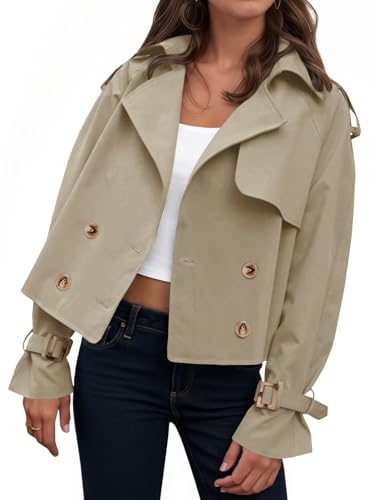 Tankaneo Womens Cropped Trench Coat Oversized Double Breasted Lapel Long Sleeve Short Jacket Fashion Outerwear