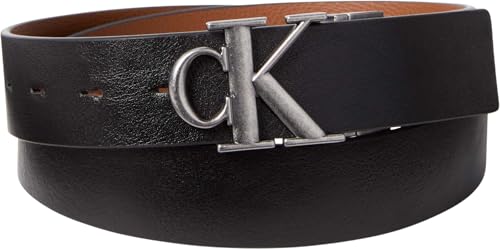 Calvin Klein Herren Gürtel Buckle Tumbled 3,5 cm aus Leder zum Wenden, Schwarz (Black/Ck Cognac/Antique Silver), 105 cm – Ansicht 1