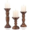 Rustic Wooden Pillar Candle Holders Set of 3, 12'' 9'' 6'' Farmhouse Wood Candle Stand for Table Centerpieces, Vintage Tall Candleholders Fireplace Mantel Decor for Living Room, Brown