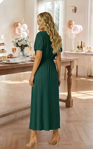 Image of ECOWISH Women Maxi Dresses Cocktail Party Wedding Guest Formal Pleated Long Dress Short Sleeve Slit Empire Waist Evening Gown