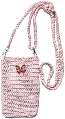 Pretty in Pink Crossbody Crochet Phone Bag with Butterfly Wooden ...