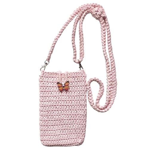 Crossbody Crochet Phone Bag, Handmade Lightweight Cell phone holder Purse with Adjustable Strap, Card Holder, Butterfly wooden Closure, Boho Style for Women & Teens, Small Bag for Festivals, Travel, Gifts.