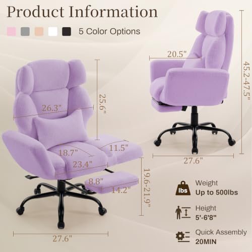 Image of Office Chair with Flip Armrests,Comfy Criss Cross Chair for Pets Sitting,Big and Tall Office Chair with Foot Rest,Extra Wide Seat & Lumbar Pillow,Ergonomic Computer Gaming Chair,Teddy Fleece,Purple