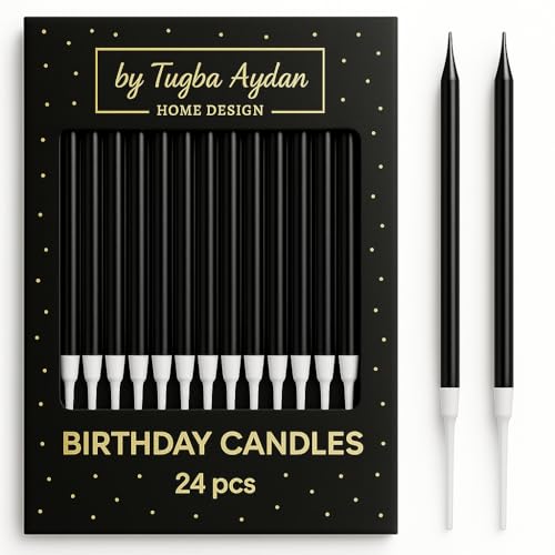 by Tugba Aydan - 24 Count Long Thin Black Birthday Candles, Metallic Cake Candle for Birthday, Party Candles