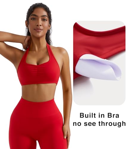 Image of OMKAGI Halter Sports Bras for Women Open Back Workout Bras Padded Yoga Bra Gym Tops