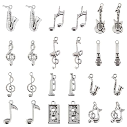 SUNNYCLUE 1 Box 72Pcs 12 Styles Silver Music Note Charms Musical Instrument Charm Tibetan Vintage Mini Microphone Recorder Symbol Charm for Jewellery Making Charms DIY Necklace Bracelet Earrings