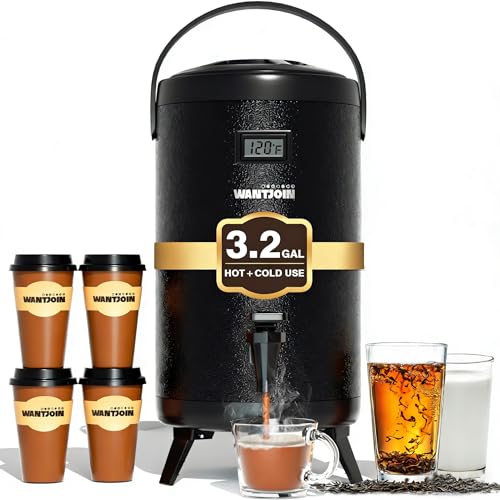 Thermal Beverage Dispenser - 12L/3.2Gal Black Stainless Steel, Single, LCD Thermometer, Triple-Layer Insulated, Non-Electric Hot & Cold Drink Dispenser for Coffee, Tea, Water, Parties