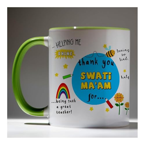 Image of DAYS Thank You Teacher Personalized Mug Custom Teacher's Name Best Teacher Gift, Teacher on Birthday Helping Me to Grow Ceramic Mug 11oz (Green Mug)