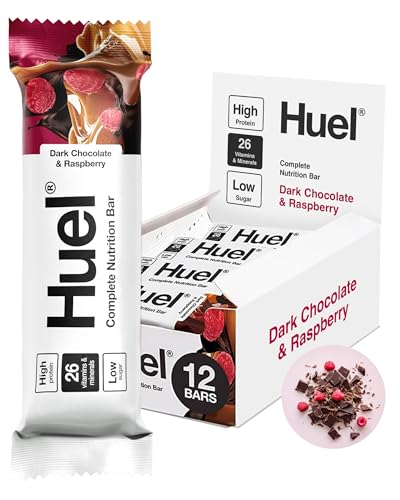Huel Complete Nutrition Bar, 12 x 55g Bars, Dark Chocolate Raspberry, High Protein Bar, Plant-Based Protein Bars, Low Sugar, High Fibre, High-Protein Snack with Vegan Chocolate, Under 210 Calories