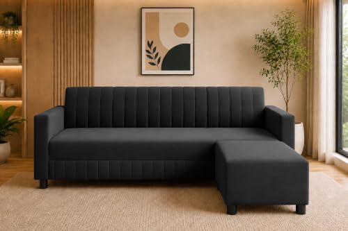 Image of Deco Studio 3 Seater Wooden Sofa with Ottoman | Modern Sofa Set for Living Room | Stylish Home Furniture Sofa with Comfortable Seating-Black