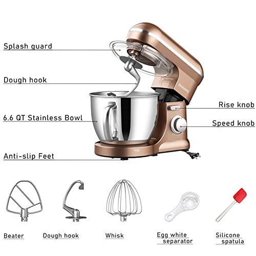 Kitchen Stand Mixer, 6.5 Quart, 6 Speed Tilt-Head Kitchen Mixer, Electric Food Mixer with Dough Hook, Wire Whip, Beater, Gold