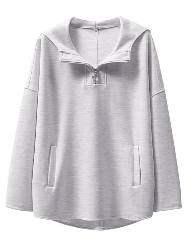 KLWCJFFF Womens Oversized Hoodie Quarter Zip Sweatshirts 2024 Fall Tunic Pullover Top Trendy Teen Girls Preppy Clothes Light Grey