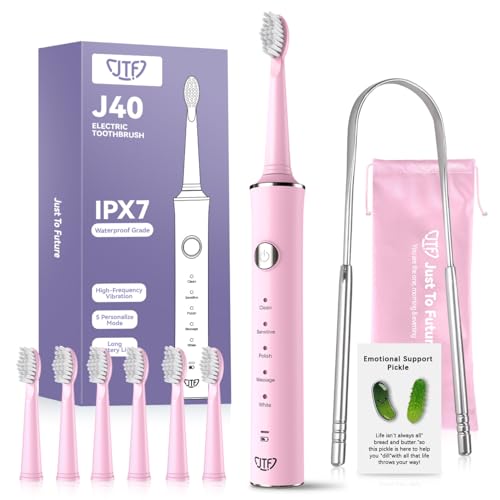 JTF Sonic Electric Toothbrush for Adults: 6 Brush Heads, Travel Bag, Tongue Scraper, 5 Brushing Modes for Teeth, Smart Timer and IPX7 Waterproof, Rechargeable Toothbrush for Deep Cleaning & Whitening