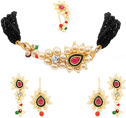radhna Traditional Wedding Special Gold Plated Traditional Thushi Mangalsutra | Nath Bugadi Earrings Combo Set | Pressing Nath & Clip-On Bugadi Earrings For Women
