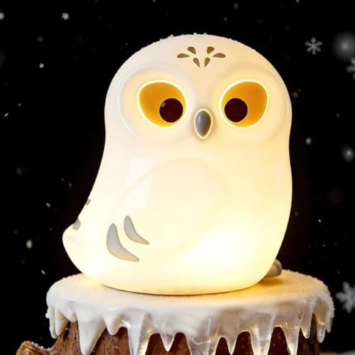 Cute White Owl Night Light for Kids Squishy Lamp Owl Gifts Rechargeable Dimmable LED Bird Nightlight Nursery College Dorm Dcor Funny Foldable Box to Display House Safe Silicone Baby Toy