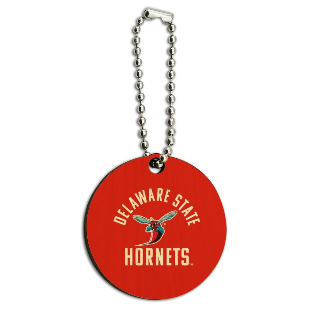 Delaware State University Hornets Logo Wood Wooden Round Keychain Key Chain Ring
