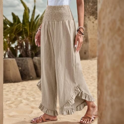 Women's Solid Color Elastic Waist Slim Pleated Petal Dressy Casual Loose Fit Trousers4