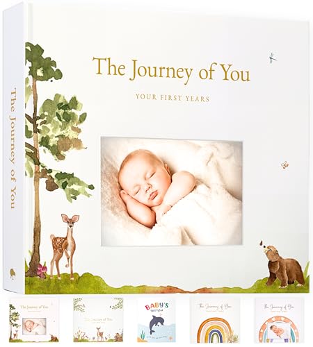 Image of Personalized Baby Memory Book with Photo Cover, 5-Year Milestone Journal, Gender Neutral Keepsake Album, Flat-Lay Pages, FSC Archival Paper, Keepsake Box and Envelope, 108 Pages, Woodland Scrapbook