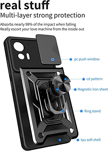 Image of Heavy Duty Back Case Cover for Moto Edge 20 Fusion 5G, Shockproof Moto Edge 20 Fusion Back Cover, Ring Case with Kickstand and Camera Protection Shutter - Black